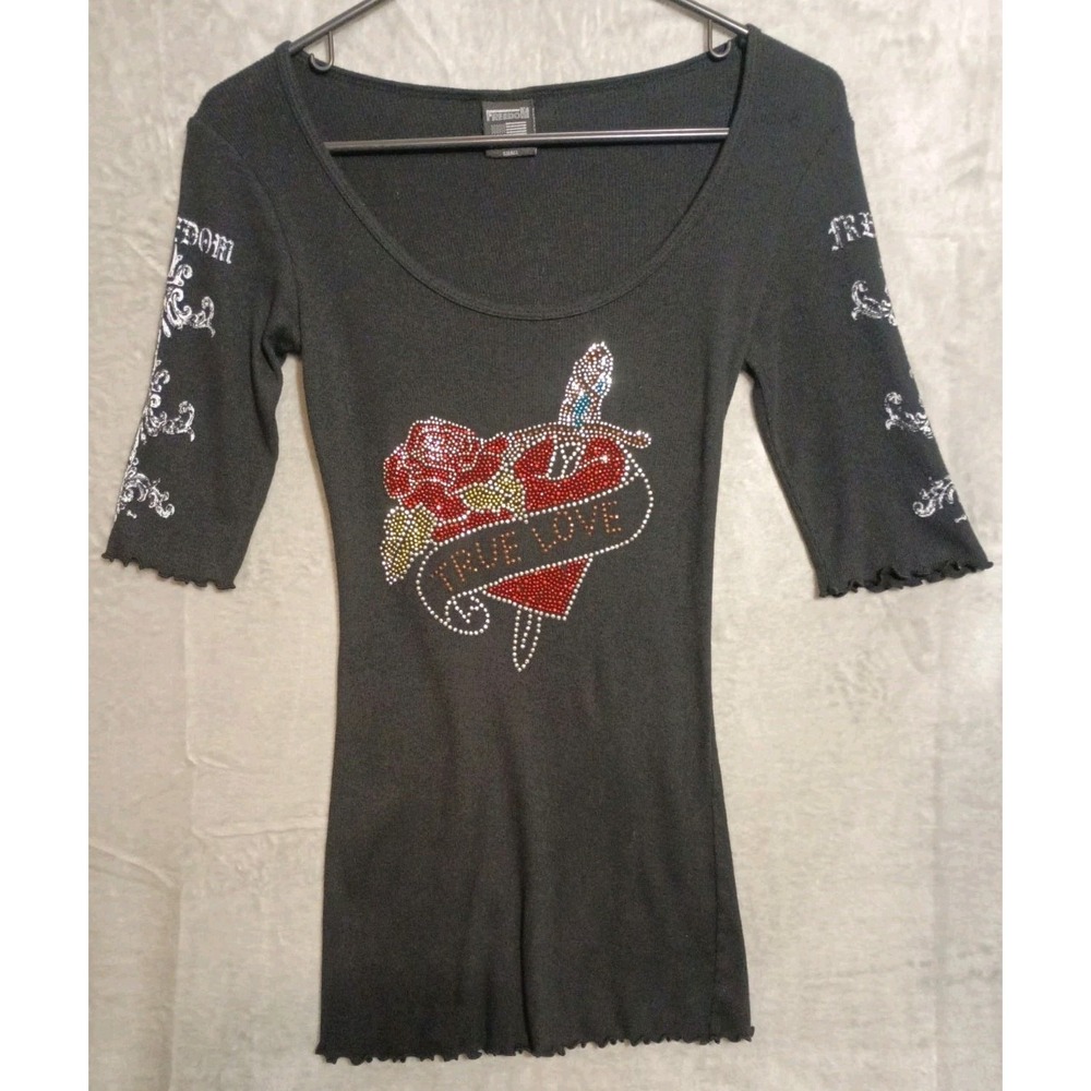 Vtg 90s Y2K Made In USA Freedom Tag Ribbed Short Sleeve Black Studded Top‎ Sz S